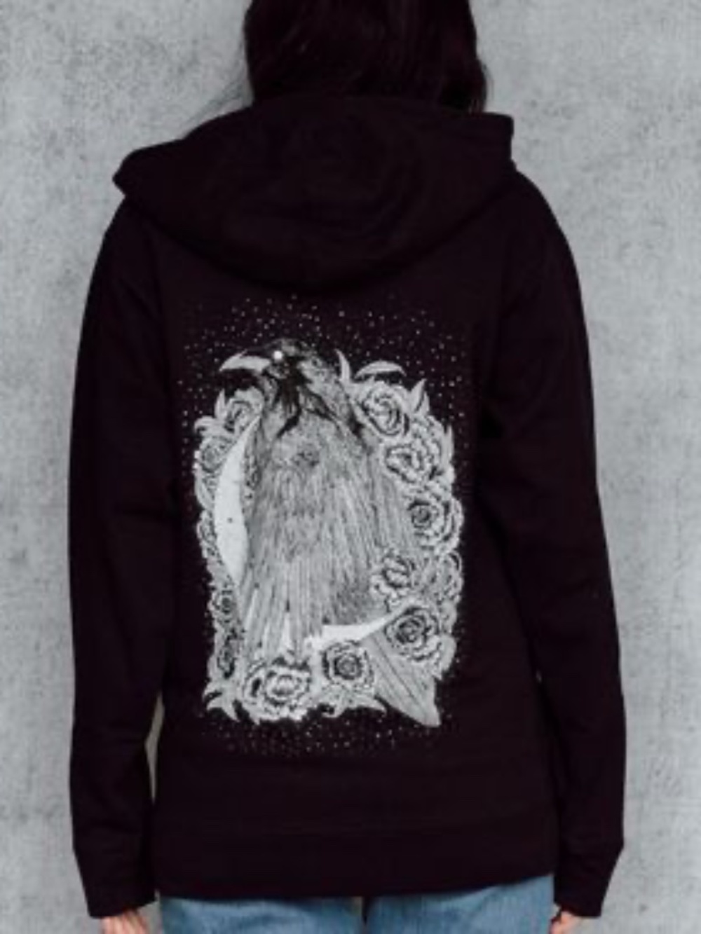 Raven and Crescent Black Zip Up Screen Print Punk Moon Phase Fleece Hoodie
